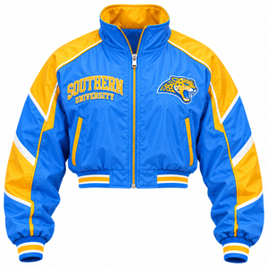Chaqueta Corta Cortavientos Southern University Jaguars Personalizada HBCU Azul Dorado con Cremallera Completa Estilo Universitario Bomber para Venta al por Mayor - Product Image 1