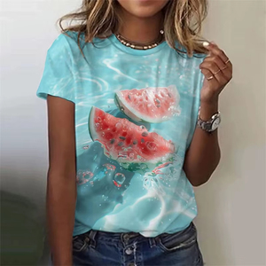 Camiseta de Mujer con Estampado de Frutas Onduladas, Fresa y Sandía, Impresión 3D, Manga Corta, Corte Regular, Transpirable, 100% Algodón Ecológico - Product Image 4