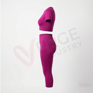 <b>Women</b> Magenta <b>Short</b> Sleeve Crop Top High Waist Calf Length <b>Leggings</b> Yoga 2 Piece Set - Product Image 3