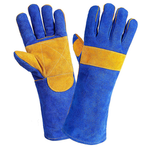 Guantes de Soldadura de Cuero Vacuno Azul con Refuerzo de Palma Amarilla, Resistentes al Calor, con Puño Largo, para Trabajo Pesado - Product Image 1