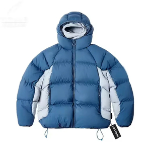 Chaqueta de plumón con capucha para hombre, azul con bloques de color, casual, gruesa, de invierno, con cierre de cremallera y dobladillo con cordón. - Product Image 1
