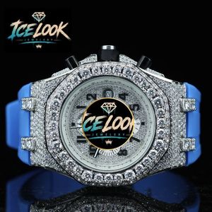 Reloj de Cuarzo con Aspecto de Hielo, Bisel con Diamantes, Cronógrafo, Correa de Silicona Azul, Reloj de Pulsera de Lujo y Moda - Product Image 1
