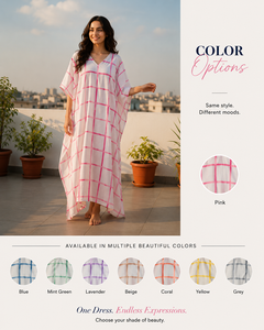 Women <b>Summer</b> Pink Grid Print Cotton <b>Kaftan</b> V Neck Loose Beach Cover Bohemian Maxi Length Kimono Dress Breathable Drawstring - Product Image 2