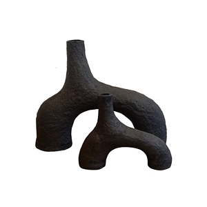 Rustic <b>Black</b> Paper Mache Flower <b>Vase</b> Arch Bridge Two Piece Set Sculptural Organic Pot Modern Wabi Sabi Home Urn - Product Image 1