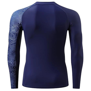 Latest Design Of Men's Navy Long <b>Sleeve</b> <b>Compression</b> Rash Guard With Topographic Print On <b>Arms</b> All Seasons Workout Wear - Product Image 1