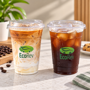 Gobelet en plastique transparent EcoRev PP/PET avec couvercle, forme ronde, logo feuille verte imprimé en sérigraphie, modèle ECO38 pour boissons - Product Image 4