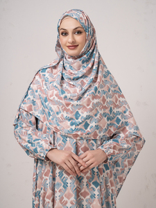 Abaya longue ouverte pour femme en mousseline florale avec ensemble hijab imprimé assorti, style malaisien, service OEM, double couche, attache avant, rose - Product Image 5