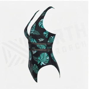 Traje de baño de una pieza para mujer con cuello en V profundo, estampado de hojas tropicales, detalle de malla, traje de baño elástico - Product Image 4