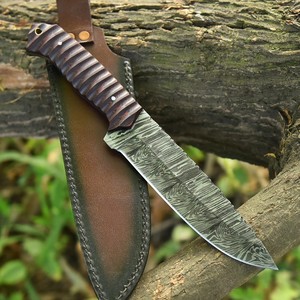 Couteau de Bushcraft en Acier Damas Forgé à la Main, Manche en Micarta, Couteau Bowie à Lame Pleine avec Étui en Cuir, Support OEM/ODM Personnalisé - Product Image 5