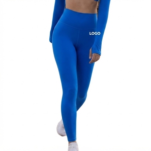 High Waist Full Length Solid Color Yoga <b>Leggings</b> Seamless Elastic Waist <b>Orange</b> Logo On Right Leg - Product Image 2