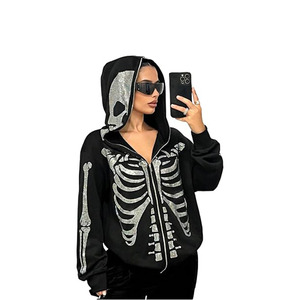 Y2k <b>Gothic</b> Graphic Hoodie <b>Jacket</b> Zip Up Sparkly Rhinestone Long Sleeve Hooded Sweatshirt Streetwear - Product Image 1