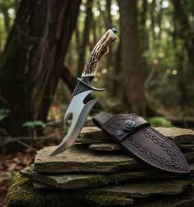 Hunting <b>Knife</b> Stainless Steel Blade Trailing Point Design <b>Bone</b> <b>Handle</b> Leather Sheath Outdoor Use - Product Image 2
