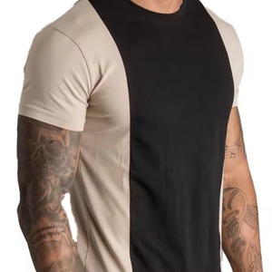 T-shirt décontracté pour homme à manches courtes, col rond, coupe ajustée, bicolore, 100 % coton, tissu tricoté infroissable, design uni - Product Image 5