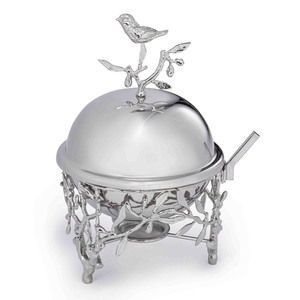 Charmant réchaud à buffet en argent, orné d'un motif d'oiseau et de branche inspiré de la nature sur la poignée du couvercle et le support, utilisé pour les mariages. - Product Image 1