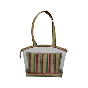 Sac cosmétique transparent en PVC à imprimé rayé, sac messager de style bohème pour femmes XL, sac de toilette en tissu de jute laminé PP, trousse de maquillage - Product Image 1