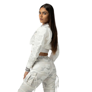 Veste universitaire blanche pour femme, courte, à manches longues, imprimé lettres, boutonnée, col rabattable, vêtement d'extérieur décontracté pour le printemps - Product Image 5