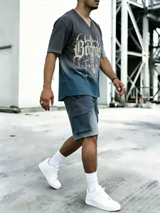 Men's 2 Piece Gradient <b>Gothic</b> Print V Neck T-<b>Shirt</b> & Cargo Shorts Streetwear Casual Tracksuit - Product Image 5