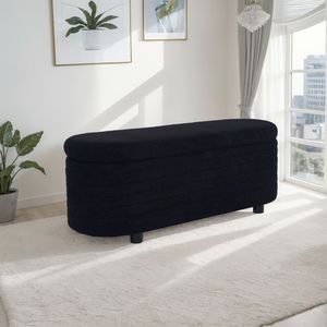Panca ovale contenitore L8133 in velluto nero Teddy, elegante mobile per camera da letto - Product Image 2