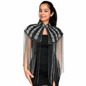 Cape à franges noire et argentée pour femme, idéale pour les fêtes, la scène, les soirées et les occasions élégantes - Product Image 1