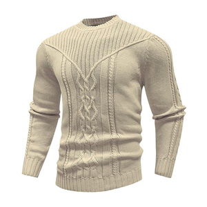 Pull en maille torsadée en coton pour homme, col rond, manches longues, couleur unie, séchage rapide, anti-boulochage, respirant, chaud - Product Image 2