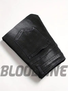 Jean en denim noir pour homme, coupe slim, jambe droite, taille haute, décontracté, en coton mi-lourd, couleur unie, style automne - Product Image 1