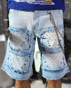 Pantalones Cortos Bermuda de Mezclilla Rasgados de Cintura Alta para Hombre, Estilo Urbano, con Parches, de Algodón Lavado, Cierre de Botones, 220g, Logotipo Frontal - Product Image 3