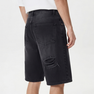 Shorts en jean déchirés noirs délavés pour hommes, style décontracté d'été, avec boutons à la taille - Product Image 3