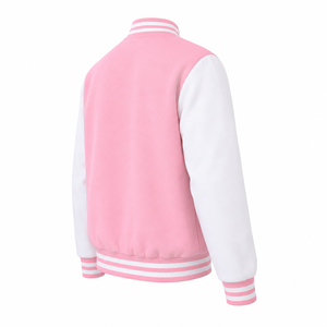 Veste universitaire rose avec manches et rayures blanches, style preppy, coupe classique, vêtement d'automne unisexe en polaire - Product Image 5