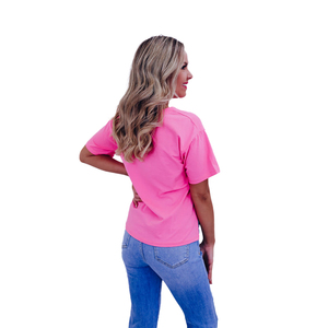 Camiseta de Manga Corta con Cuello Redondo y Estampado Rosa, con Logotipo Personalizado, Corte Regular, Informal, de Punto Jersey, Poliéster, para Mujer - Product Image 1