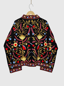 Veste en velours brodée de fleurs, col mandarin, manches longues, grande taille, style Prairie Chic pour femmes, style automne - Product Image 2