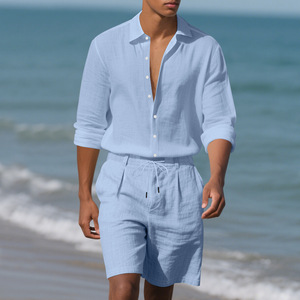 Ensemble chemise et short en coton uni pour homme, décontracté, respirant, col rabattu, coupe ample, vêtements de plage - Product Image 5