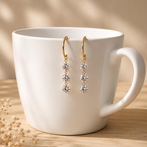 10K 14K 18K Solid Gold Round Lab Grown Diamond Hoop Dangle <b>Earrings</b> <b>Fine</b> Three Stone Jewelry Moissanite Bridal Drop Hoop <b>Earring</b> - Product Image 2
