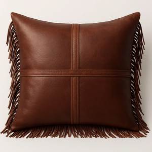 Almohada cuadrada de cuero marrón con ribete de flecos de 20x20 pulgadas, impermeable, para decoración del hogar - Product Image 1