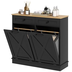 Mobiletto da Bagno Nero Ribaltabile con 2 Cestini Rimovibili e 2 Cassetti per Organizzazione del Cesto della Biancheria - Product Image 1