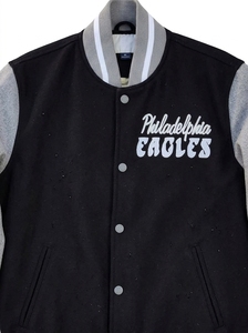 Men's Varsity <b>Jacket</b> Black Wool Blend <b>Baseball</b> <b>Bomber</b> <b>Jacket</b> with Embroidered Eagle Patch Letterman Style - Product Image 6