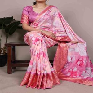 Sari de Seda VASTRA COTTAGE con Borde de Viscosa y Diseño Estampado, con Blusa Sin Coser, Sari Tradicional para Fiestas - Product Image 1