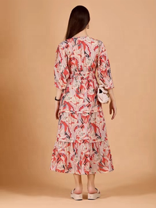 Women's Summer Party Floral Chiffon Formal Evening Dress V-neck Lace-Up Waist Loose Fit Midi Boho Dress Beach Daily Dress - Product Image 3