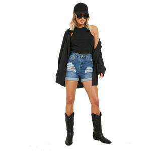 Shorts en jean déchirés taille haute pour femme, bleu délavé, coupe skinny, style décontracté, effet vieilli, pour dames - Product Image 4