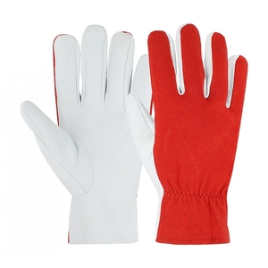 JNA Group White Leather Safety <b>Gloves</b> Red Knit Wristband Anti-Slip Fingertips 11 oz Thickness <b>Silicone</b> Latex Free General - Product Image 1