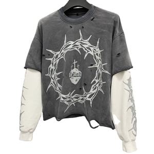 Camiseta Corta de Manga Larga con Logo Personalizado Estilo Streetwear, Lavado Vintage, Impresión Serigrafiada de Doble Capa, Efecto Desgastado por el Sol, Oversize - Product Image 1