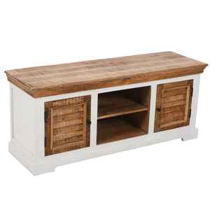 Mueble de TV de Madera Maciza de Mango de Lujo, Estilo Escandinavo, Moderno, con Puertas Corredizas, Estantes Abiertos y Almacenamiento para Sala de Estar - Product Image 1