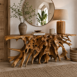 Ensemble de table en racine de teck rustique de luxe artisanal, tabourets en bois naturel, meubles de salon, villas, cafés, non pliable - Product Image 6