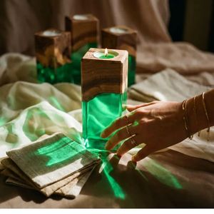 Wood Resin Square Tealight Candle Holder Set Transparent Epoxy Luxury Table Decor Modern Handmade Candle Centerpiece Home - Product Image 3
