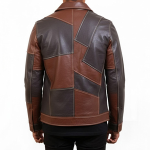 Men's <b>Brown</b> Patchwork <b>Leather</b> Moto <b>Jacket</b> Turn-down Collar Zipper Closure Regular Fit Autumn Style - Product Image 2