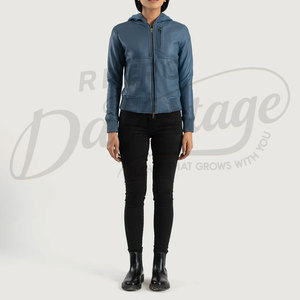 Chaqueta Bomber Azul de Cuero Genuino para Mujer con Capucha, Acolchada, Ajustada, de Piel de Oveja Premium, Abrigo Casual de Invierno a la Moda - Product Image 4