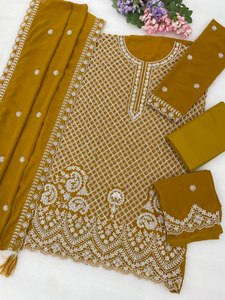 Salwar Kameez brodé couleur moutarde pour femme avec dupatta, tenue traditionnelle indienne et pakistanaise, coupe ample longue jusqu'au sol en polyester - Product Image 3