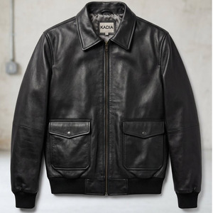 Custom Logo Men's Black Genuine Leather Bomber <b>Jacket</b> Premium Cowhide Ribbed Cuffs Flap Pockets Classic <b>Pilot</b> Leather Coat - Product Image 1