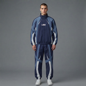 Survêtement Homme Bleu Clair à Imprimé Géométrique, Fermeture Éclair Intégrale, Col Montant, Pantalon de Jogging Sportif Respirant en Polyester, Idéal Printemps - Product Image 1