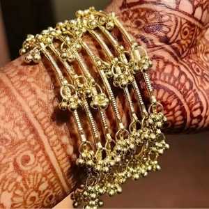 2026 Hot Selling 8 Pieces Set Golden Stainless Steel Trendy Ghungroo Kashmiri Jhumki Shining <b>Bangles</b> Bridal Wedding Party Wear - Product Image 3