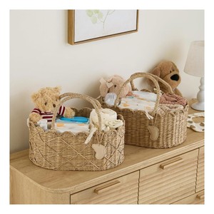 Natural Rattan <b>Storage</b> <b>Baskets</b> With Handles For Baby Diaper Caddy Cute Decorative Organizer Bin Ideal For Kids Room Styling - Product Image 1